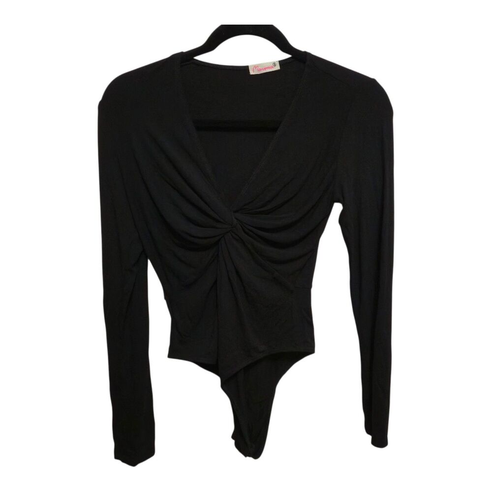 Maronie Bodysuit Black Womens Size Small V-neck Ruched Bodice Long Sleeves NWOT